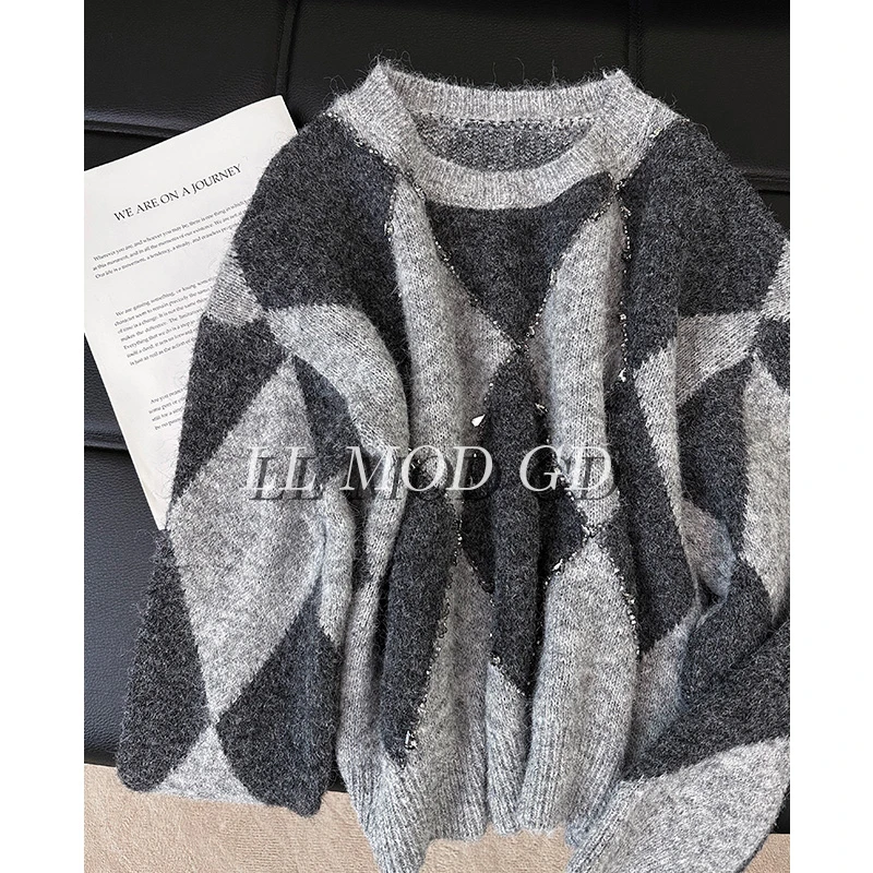 雾野山林 圆领长袖宽松毛衣女款秋冬厚款保暖菱格上衣YLXR-254730