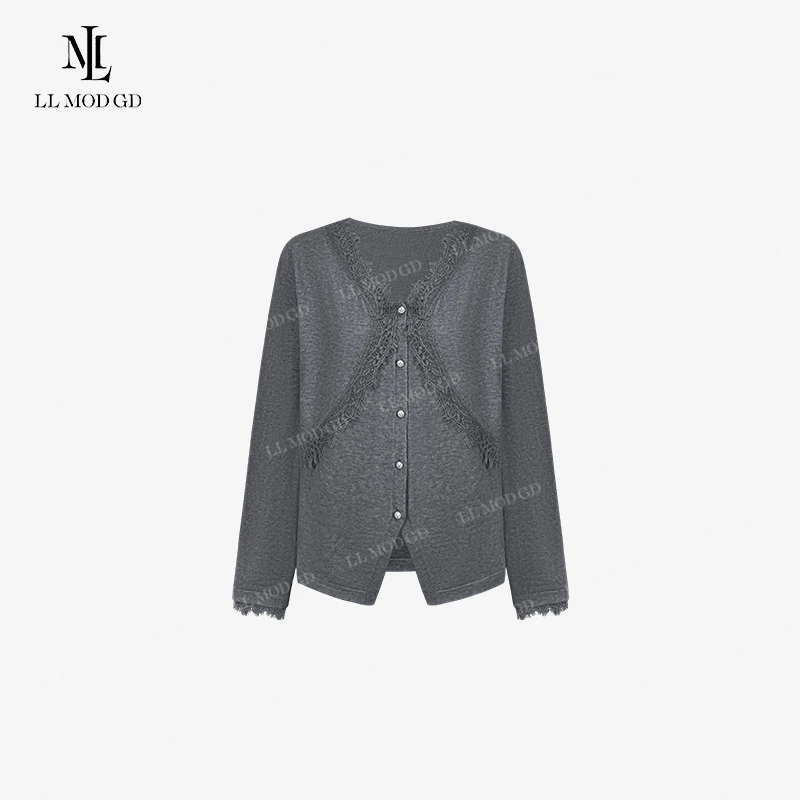 【莉莉家】法式V领针织衫2024秋复古拼接蕾丝花边上衣YLMY-252495