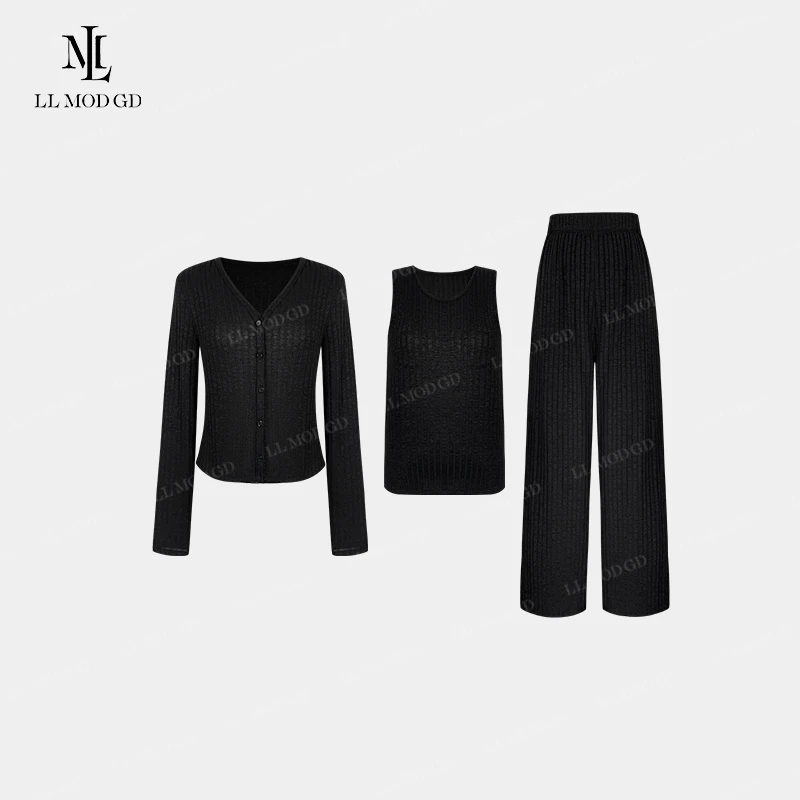 LL·MOD·GD2024早秋休闲短款上衣+吊带+休闲裤时尚三件套YL-252795