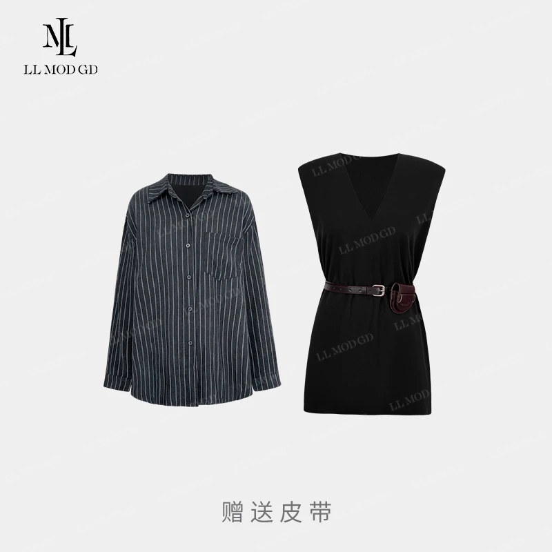 LL·MOD·GD2024早秋竖条纹衬衫+法式百搭背心时尚俩件套XR-253219