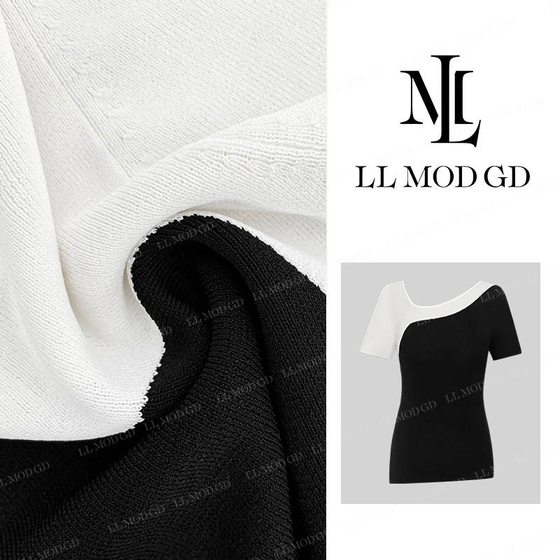 【莉莉家】不对称斜V领撞色拼接针织衫2024夏修身上衣XR-252225