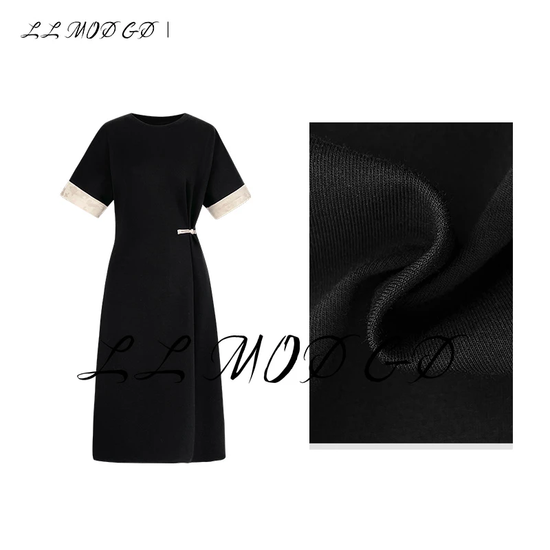 【莉莉家】 夏季舒适设计师拼色中长款百搭宽松连衣裙LL-250357