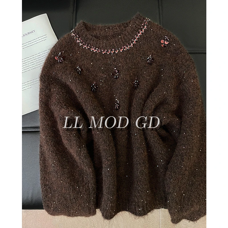 布灵小姐 长袖宽松毛衣女秋冬保暖厚款百搭圆领针织上衣YL-254790