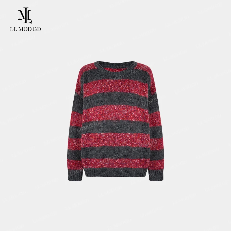 绝美女孩 长袖宽松针织衫女秋冬条纹圆领套头百搭上衣YLXR-253798