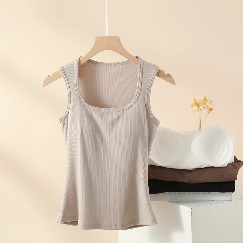 针织螺纹女士背心南瓜领四季款宽肩带内搭上衣免穿文胸外穿打底衫