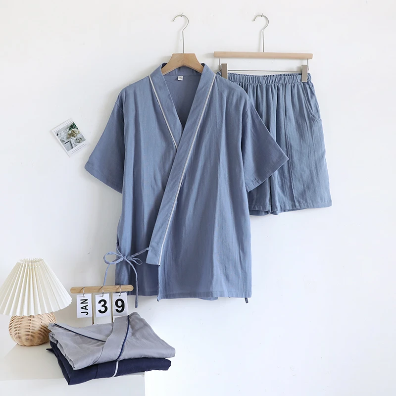 男士夏季纯棉短袖睡衣和服宽松薄款斜襟短裤全棉家居服纯色汗蒸服