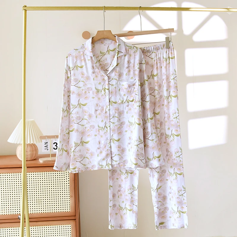 温柔樱花人棉睡衣女春秋薄款长袖人造棉翻领长裤套装棉绸家居服