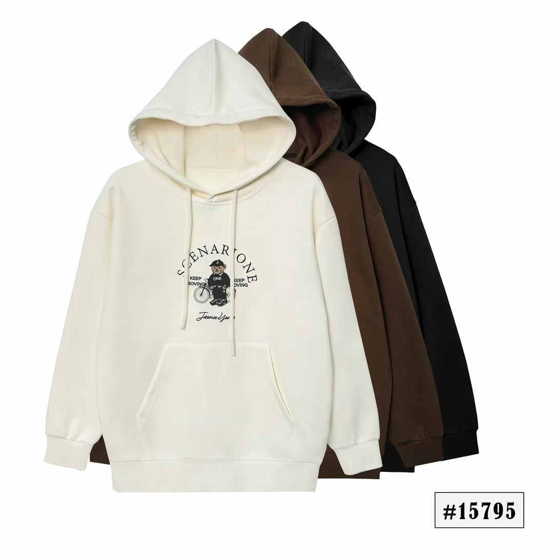 【骑自行车的小熊卫衣】秋冬连帽休闲万针刺绣宽松时尚情侣款15795