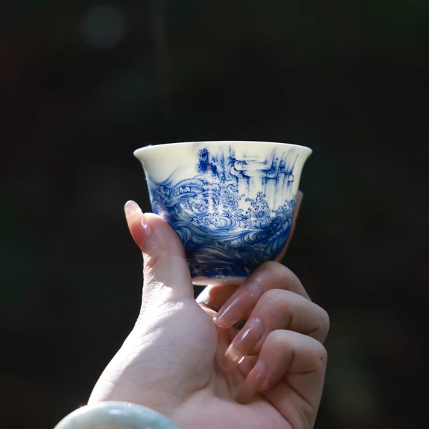 半山晓野宋画山水青花观赤壁盖碗壶承主人杯全手工手绘