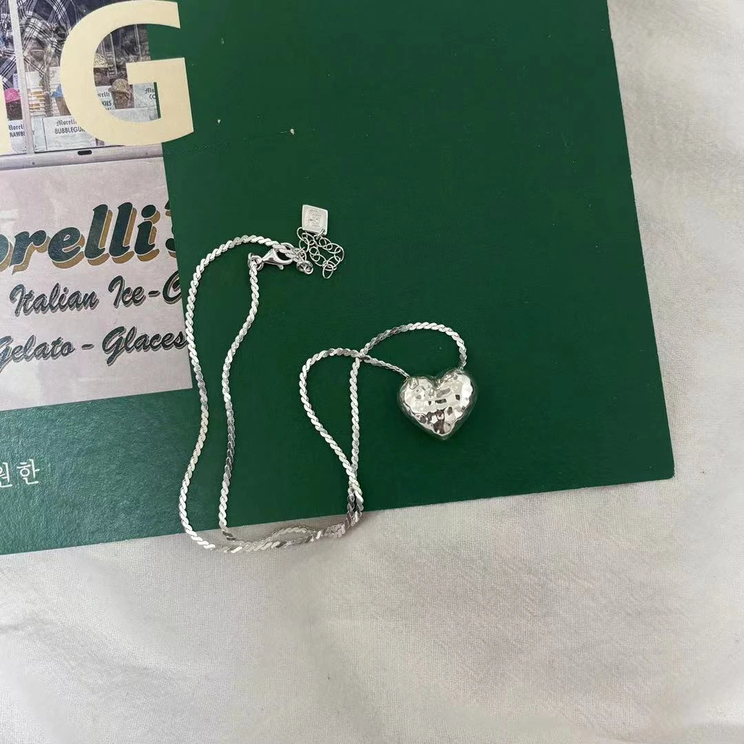 合金项链 敲面爱心通体925银时尚百搭简约
