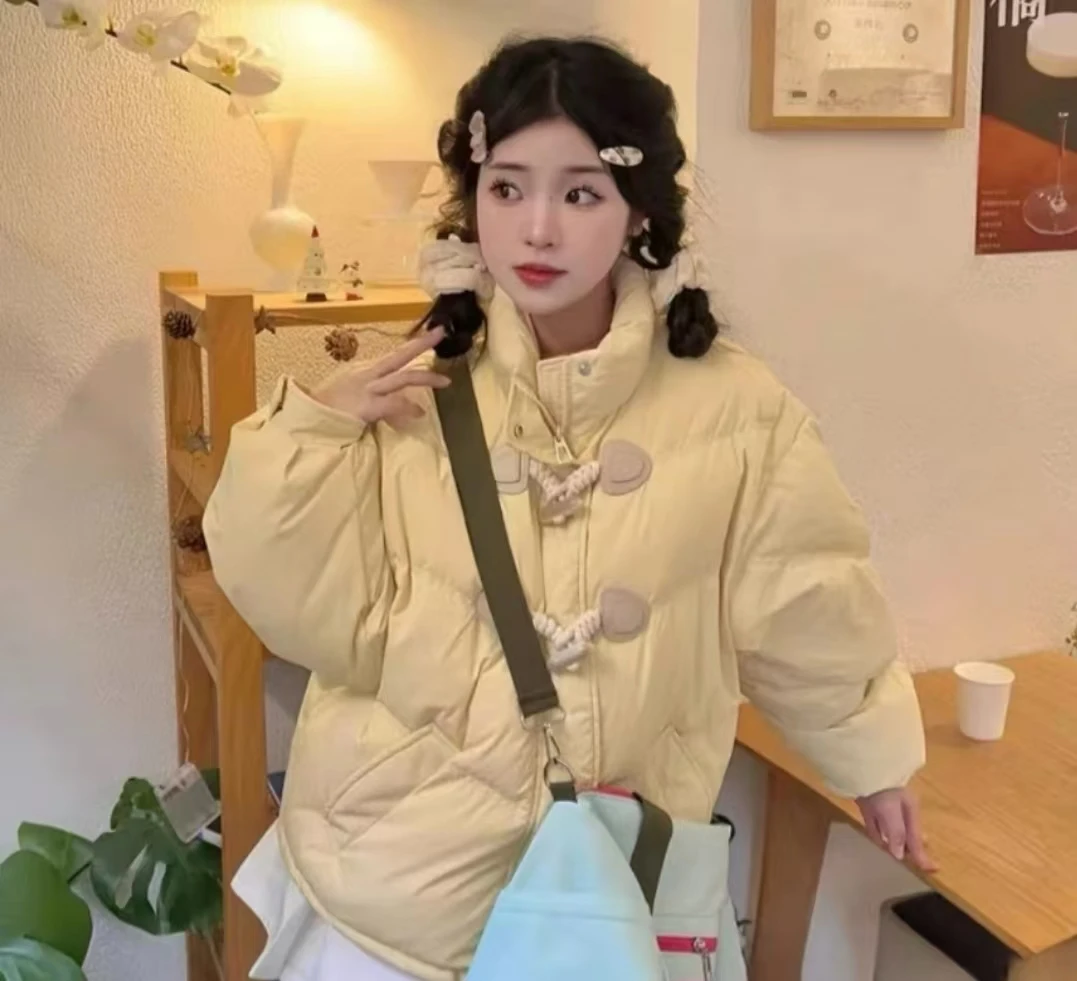 时尚牛角扣棉服韩版2025冬季新款加厚短款宽松外套ins