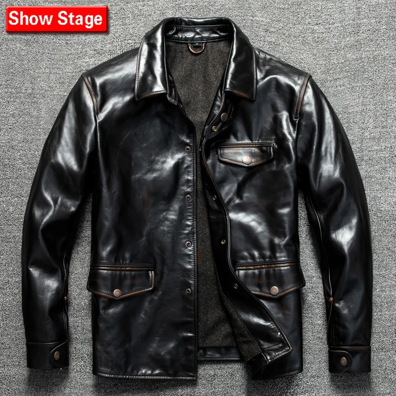 3726 司闸员高品质茶芯牛皮皮衣夹克潮男复古机车欧美风外套