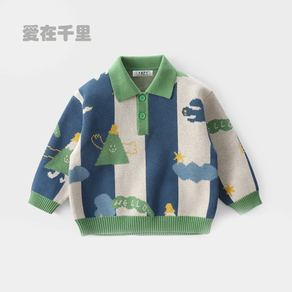 爱在千里新款男童毛衣秋季爆款翻领套头针织衫polo儿童上衣洋气