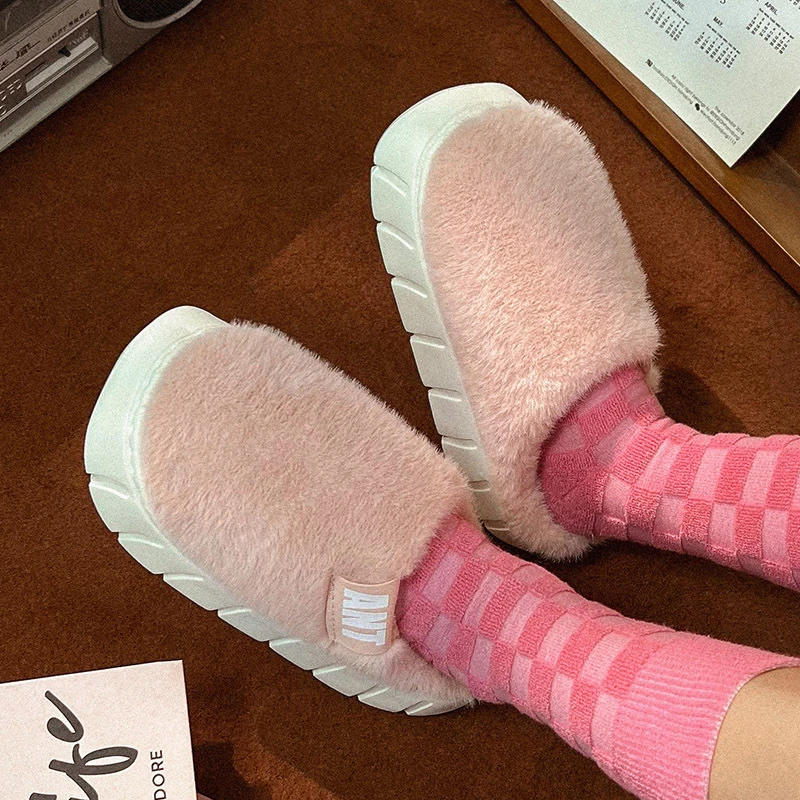 9596秋冬新品纯色简约带标毛毛情侣室内外穿棉拖鞋