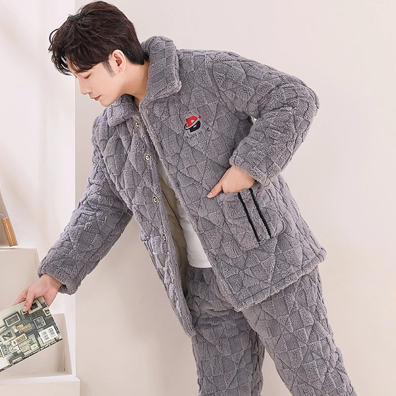 睡衣男士秋冬季三层夹棉加厚加绒保暖珊瑚绒套装棉袄冬天款家居服