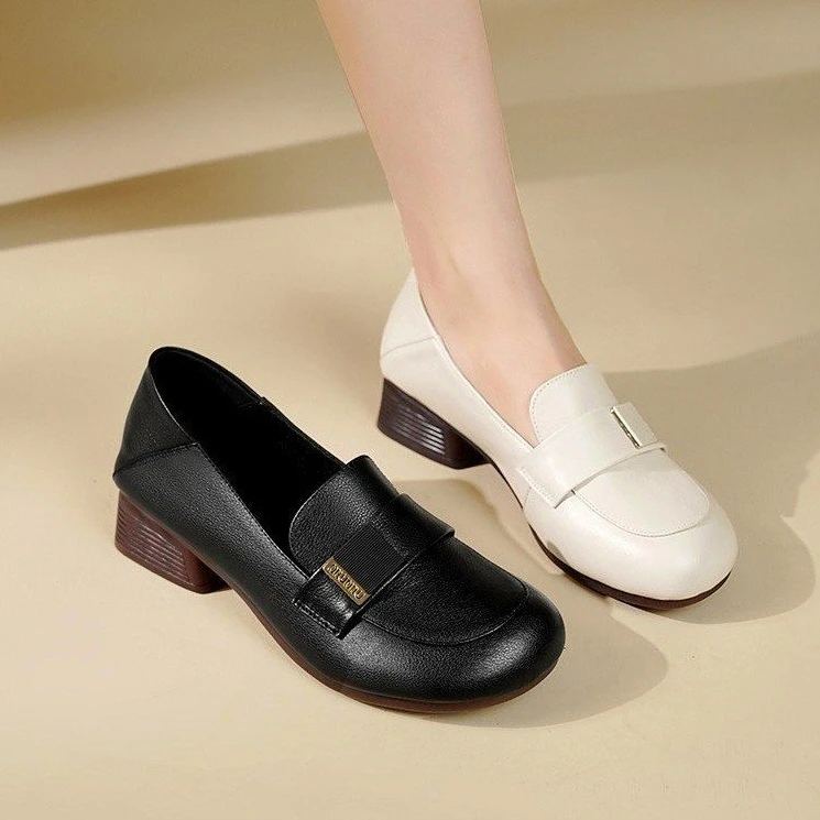 【真皮】2024圆头平底软底妈妈鞋英伦风舒适百搭防滑一脚蹬单鞋