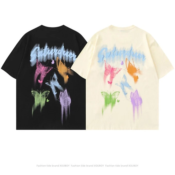 美式复古彩色蝴蝶涂鸦短袖男女款夏潮牌盐系男友穿搭纯棉上衣159