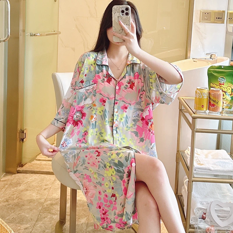 棉绸睡裙女夏短袖绵绸衬衫睡衣人造棉连衣裙孕妇睡衣裙大码200斤