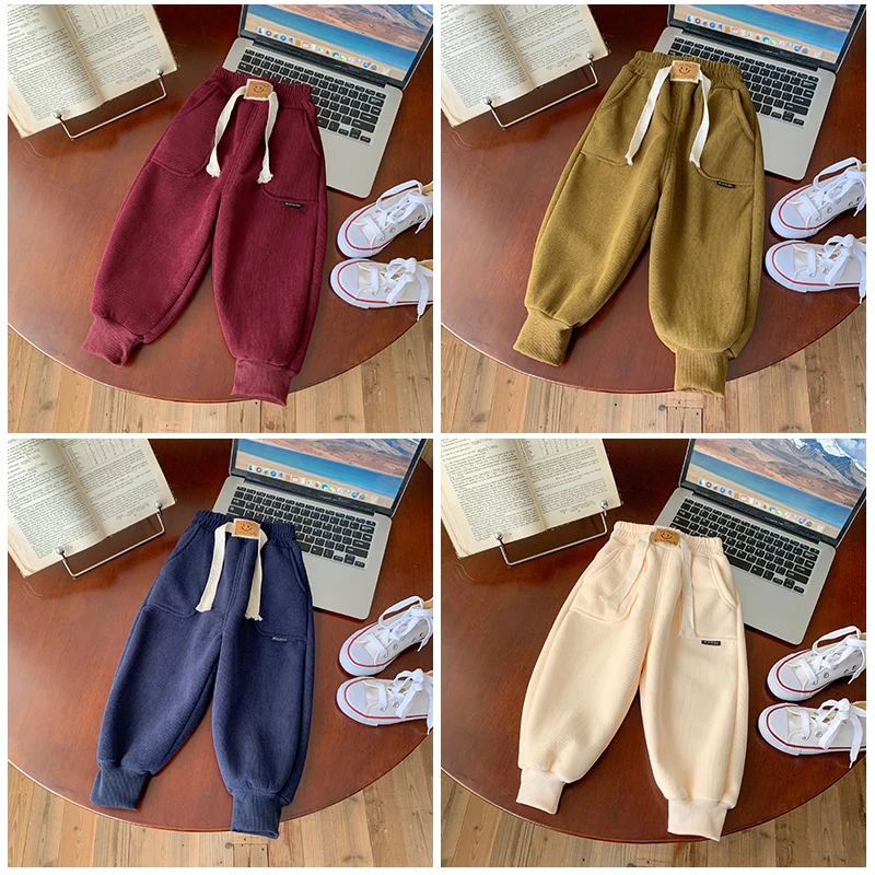 童装儿童灯芯绒细条加绒加厚秋冬休闲裤男童女童洋气宝宝外穿纯色