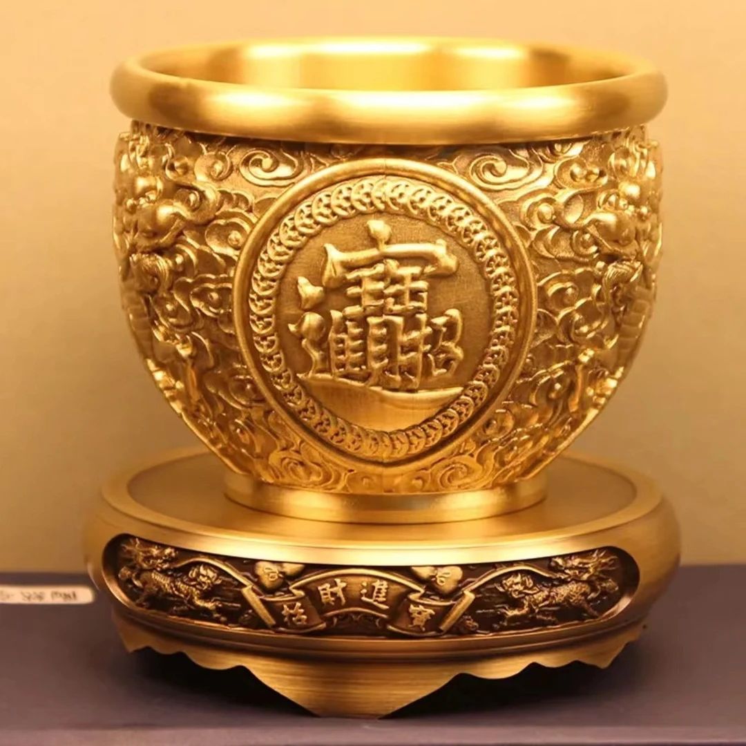 【麒麟缸】高档手工雕刻个性金色黄铜米缸财神办公室家居装饰摆件