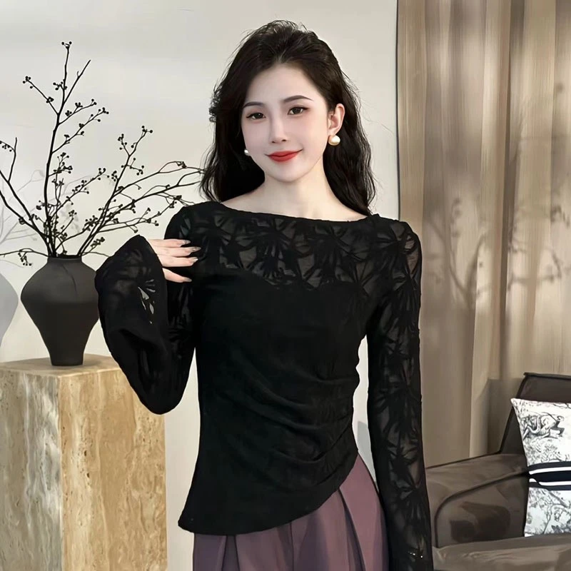 2025秋季新款提花不规则洋气长袖T恤女装小众显瘦蕾丝打底衫上衣