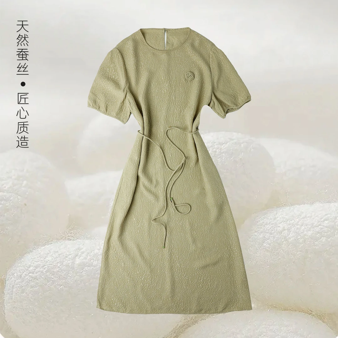 19姆米芝麻粒冠乐绉桑蚕丝连衣裙夏季气质收腰女装连衣裙LY2281