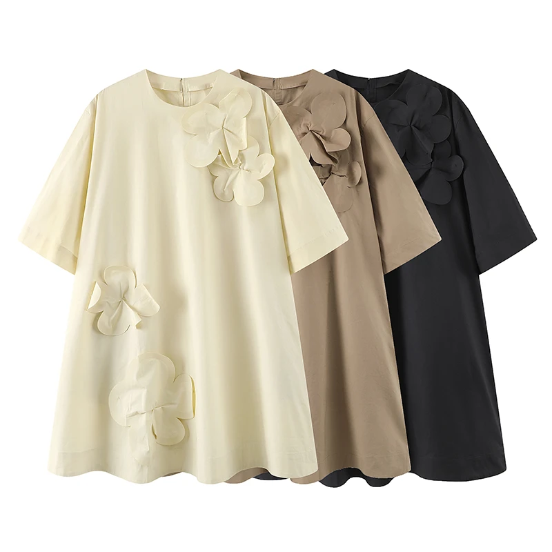 【山花】2024夏装新款时尚休闲宽松立体花朵装饰五分袖T恤连衣裙女