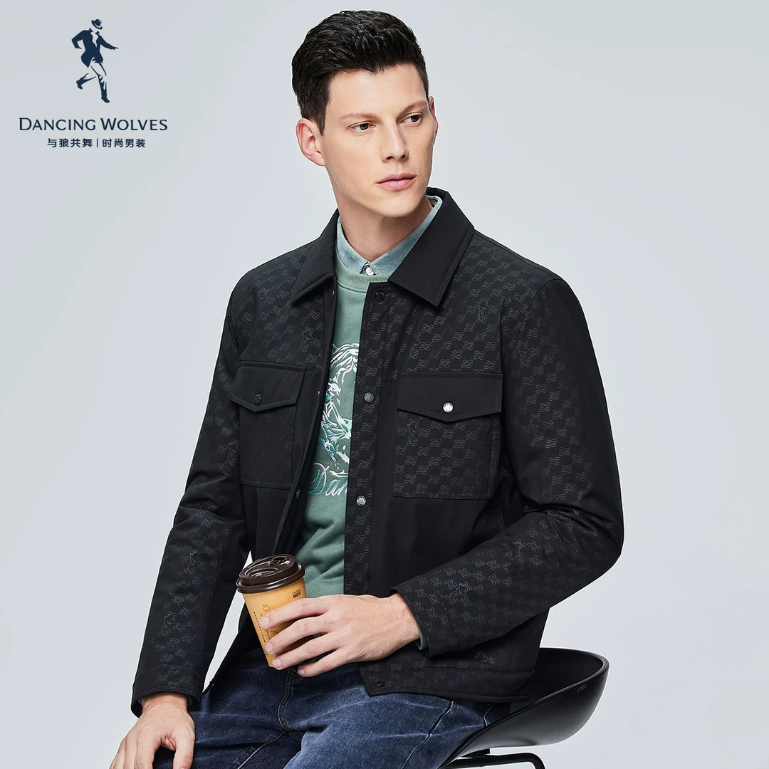 【镭射满印】与狼共舞新款夹棉翻领夹克男时尚百搭满印潮流外套男