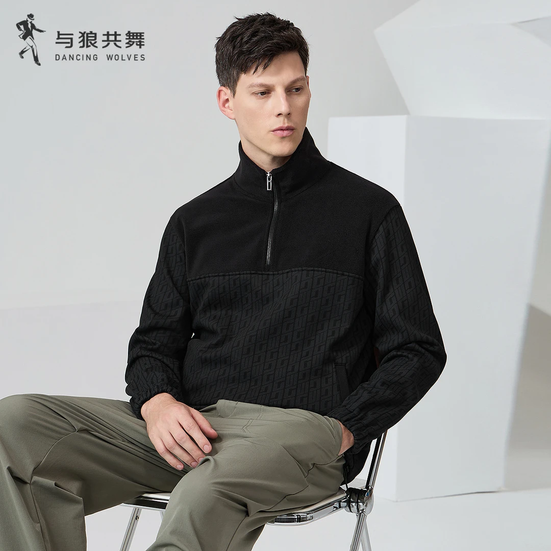 【防风抗皱】与狼共舞棉涤立领拉链分割卫男士时尚休闲衣半拉链长袖