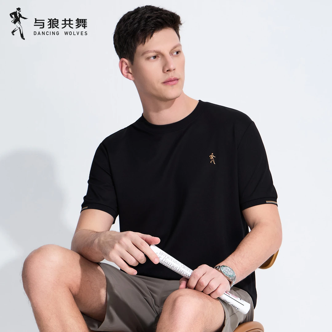 【桑蚕丝+莫代尔人标】与狼共舞2025夏季小人标基础短袖T恤男士休闲