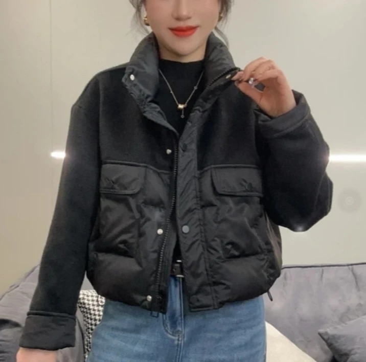 欧洲站立领拼接大口袋短款羽绒服女2025冬季新款面包服保暖黑外套