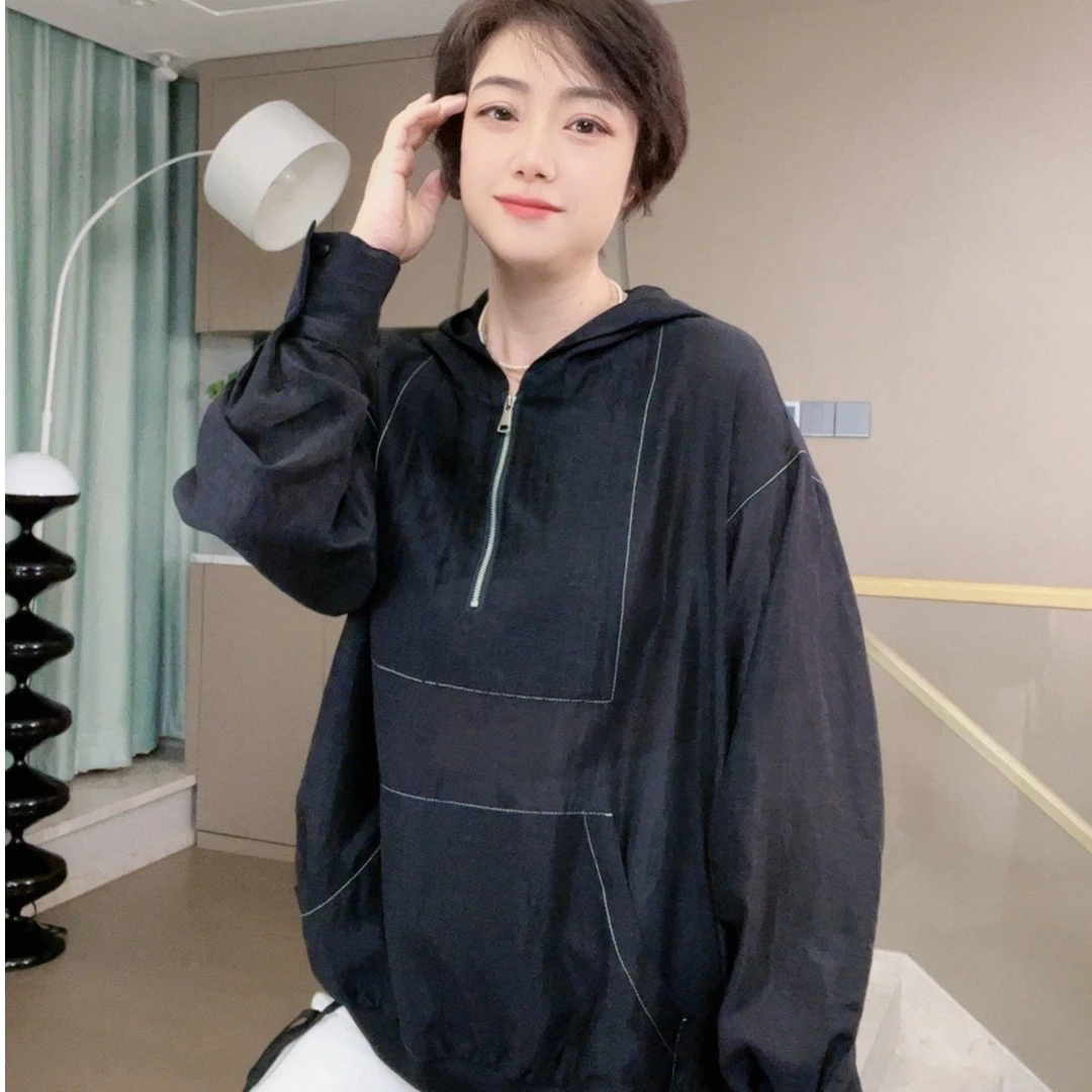 U.M女士连帽卫衣时尚百搭宽松长袖防晒衫
