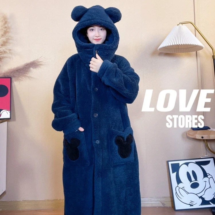 加绒加厚保暖睡衣大码家居服墨蓝色连帽睡袍浴袍中长款情侣款套装