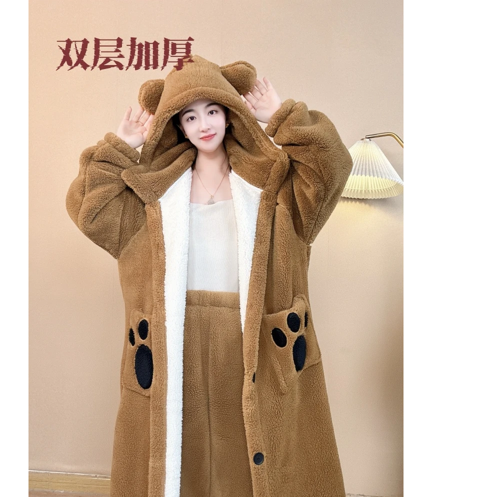 2025秋冬季美拉德睡袍长款款式连帽保暖毛绒家居服套装中长款睡衣