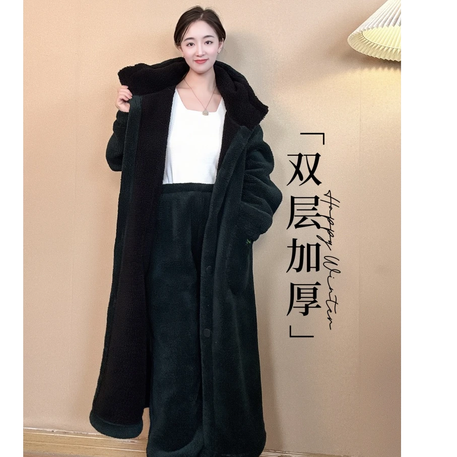 秋冬双面连帽中长款加厚双层家居服睡衣套装情侣款大码显瘦睡袍