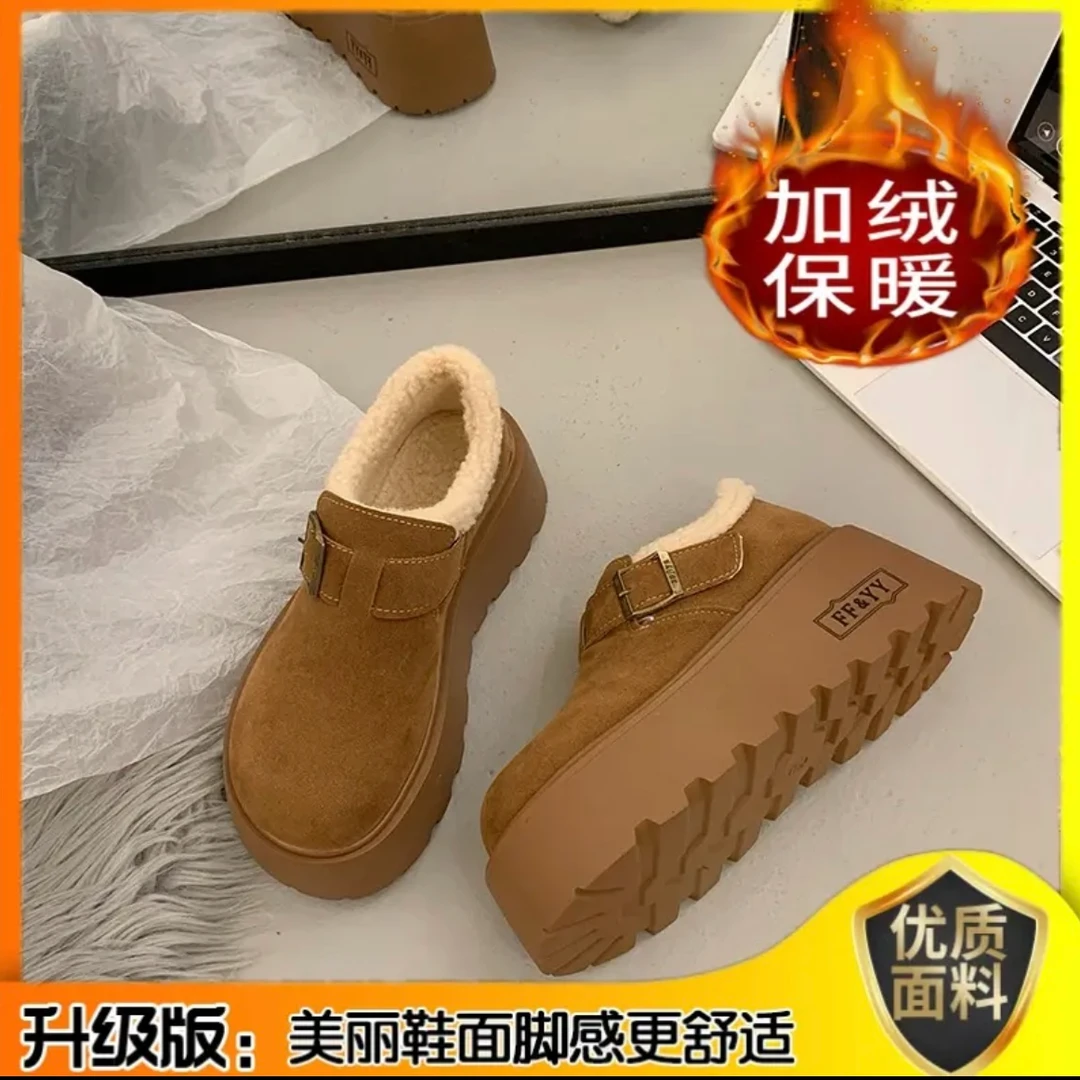 加绒松糕增高一脚蹬厚底勃肯棉鞋2024冬季新款增高保暖雪地靴18