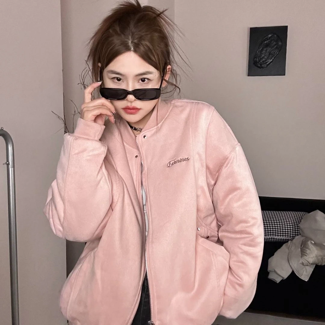 FORNINES刺绣麂皮绒棒球服男女潮牌秋冬夹棉夹克宽松美式高街外套