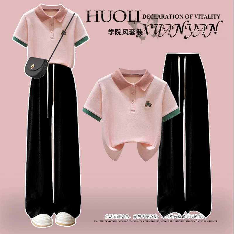 夏季女童休闲套装10-16岁少女polo衫短袖上衣中大童阔腿裤学生潮