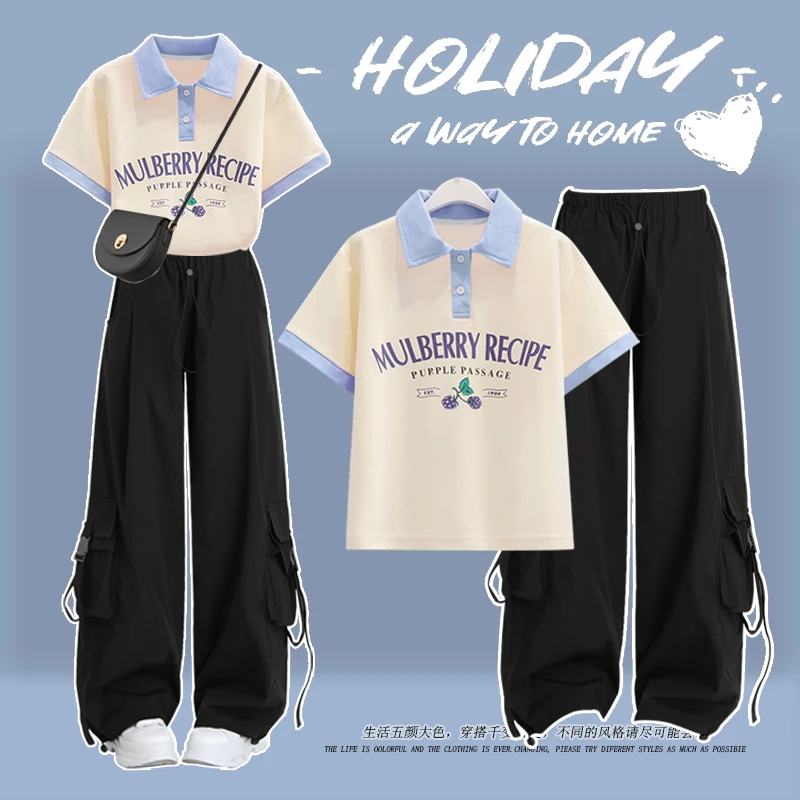 休闲运动中大童套装夏装时尚10-18岁T恤初中女学生工装裤两件套潮