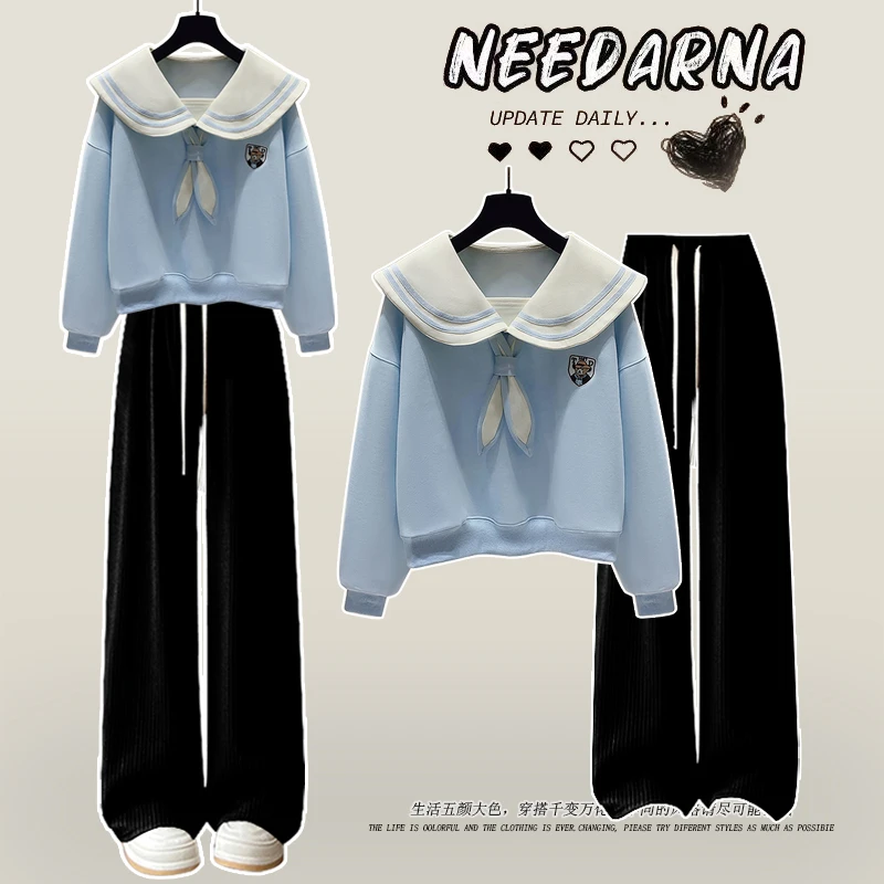 海军领卫衣女中小学生套装甜美少女孩上衣中大童时尚学院风阔腿裤
