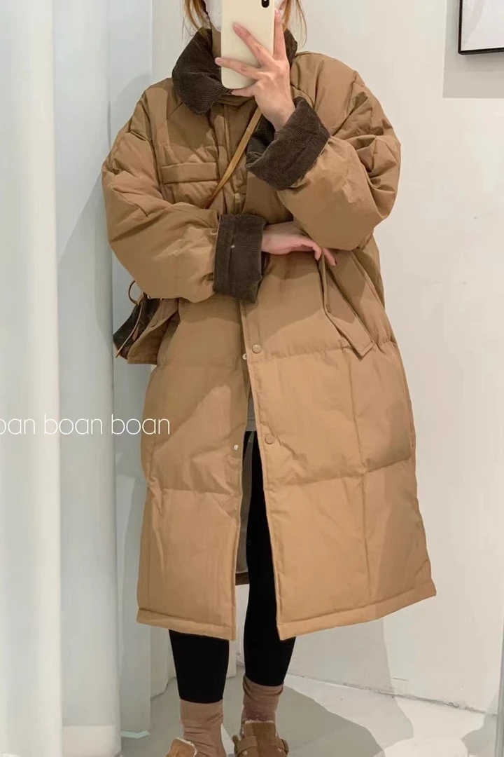 新款大朵白鸭绒灯芯绒翻领拼接中长款白鸭绒羽绒服