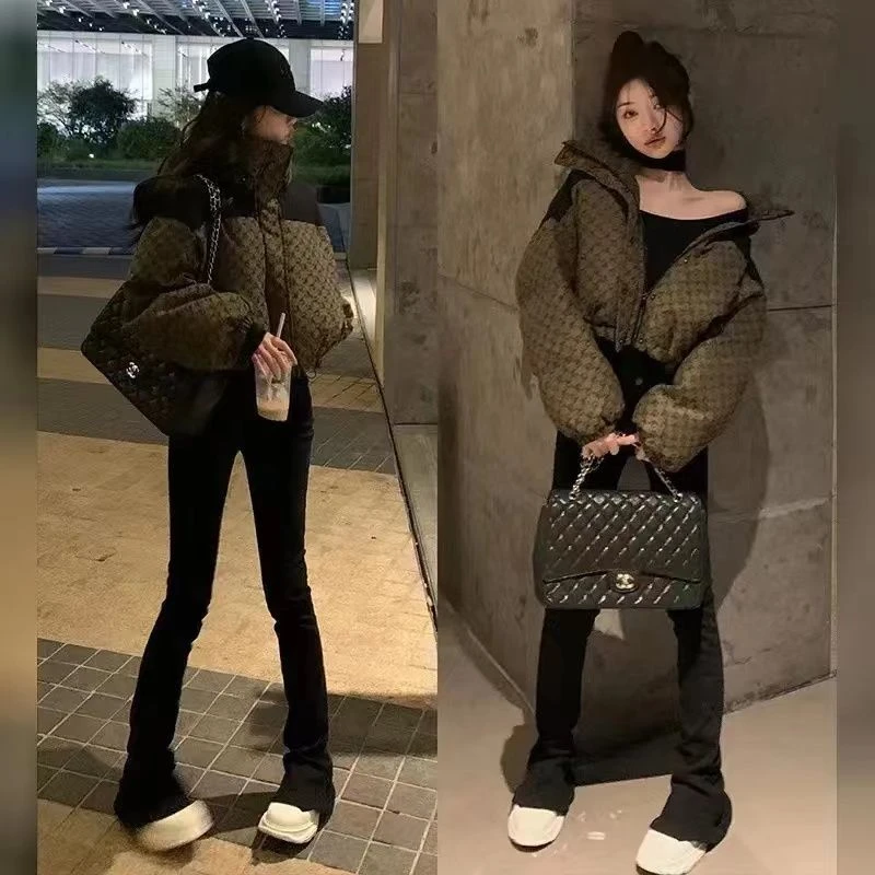 韩版时尚显瘦满印设计感赫本风短款棉服蓬松女冬季保暖上衣外套装