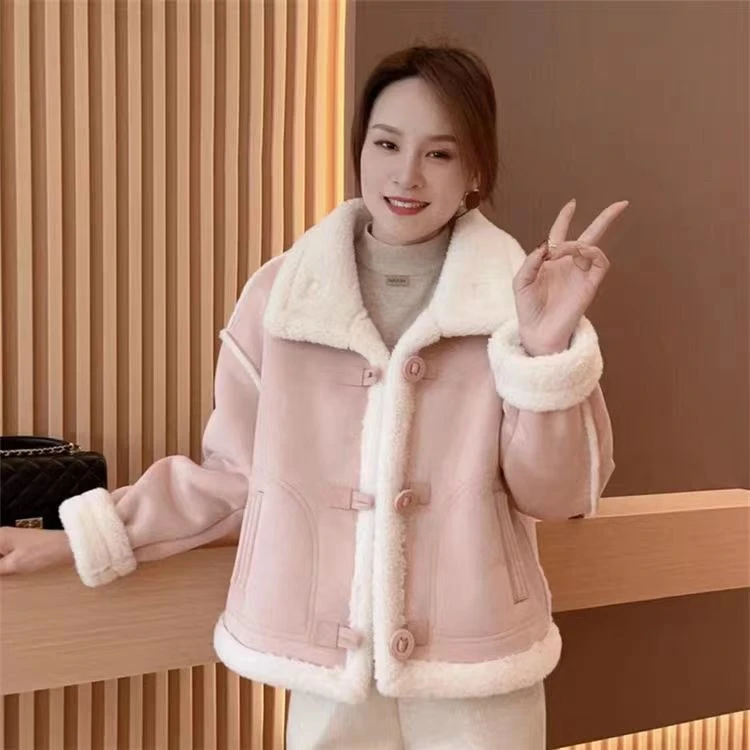 美拉德机车外套短款羊羔冬季皮毛一体2023新款小个子加厚上衣外穿