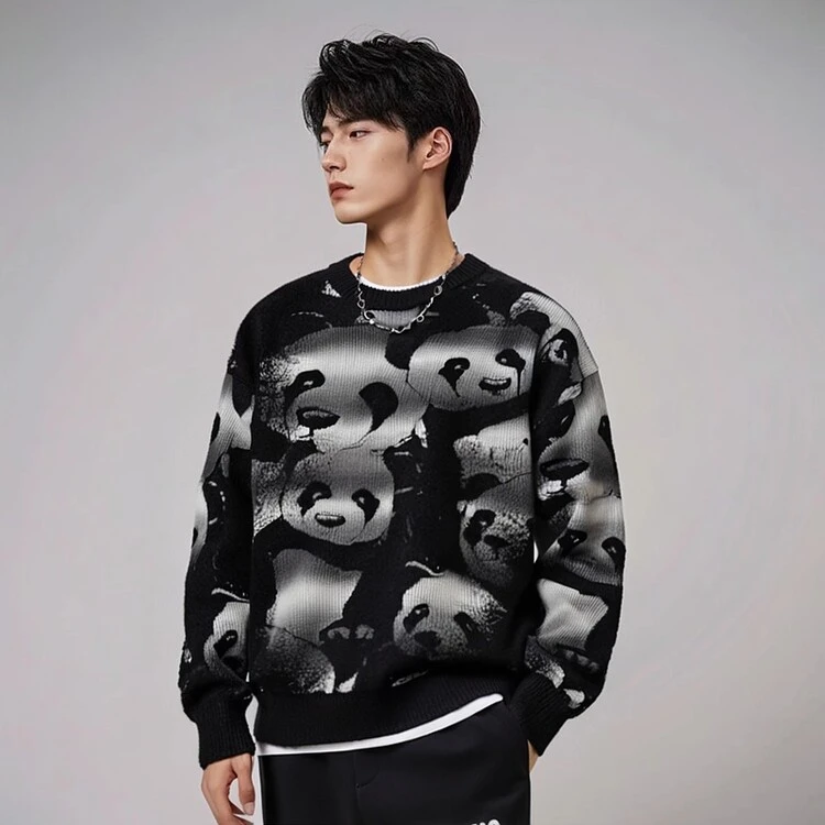 国潮时尚男士圆领宽松针织衫毛衣2024秋季新款大熊猫青年休闲