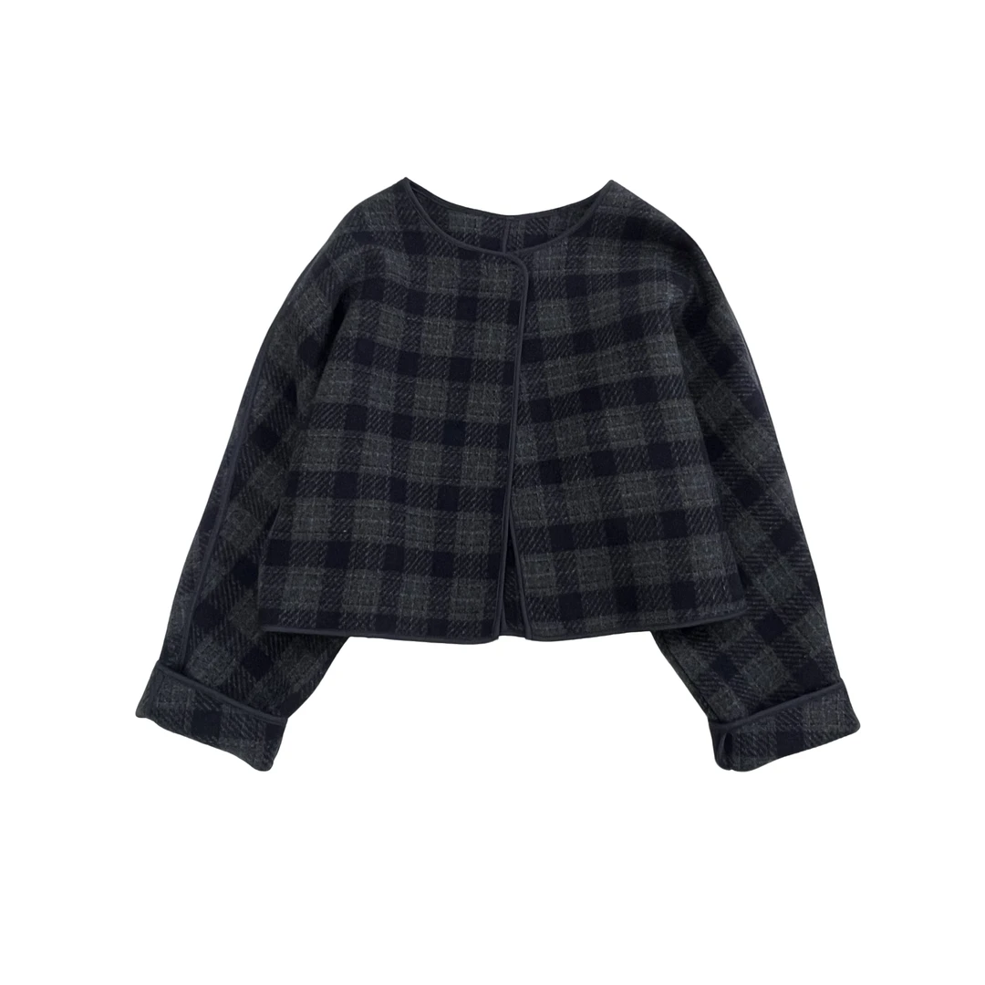 韩系复古小香风格子外套秋冬款宽松休闲百搭格纹撞色上衣短款