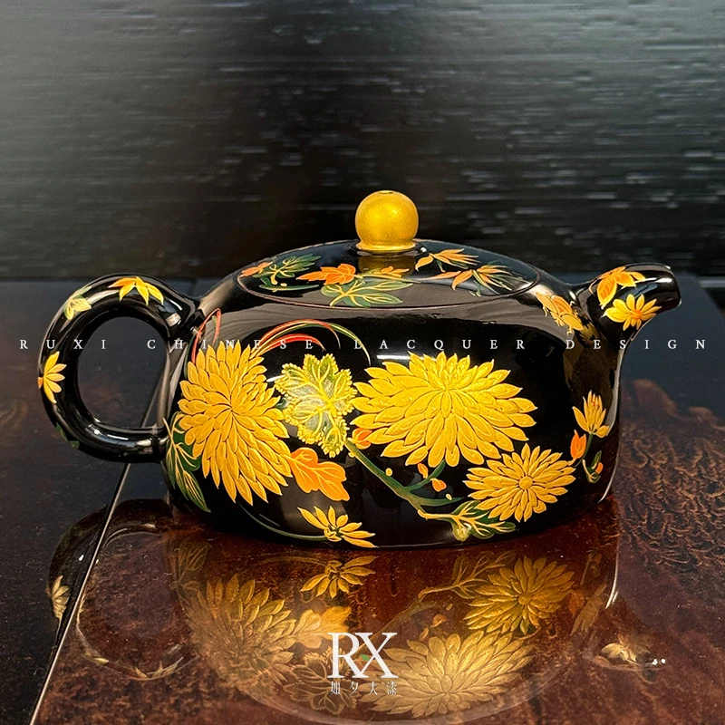 大漆金莳绘紫砂壶 满绘重工 刘卓大漆 全手工制作 半月壶