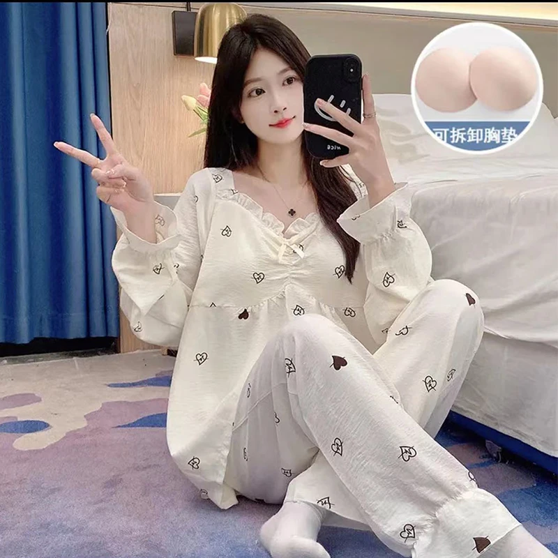 8睡衣女春秋款新款休闲舒适设计宽松自带杯垫甜美可爱家居服套装