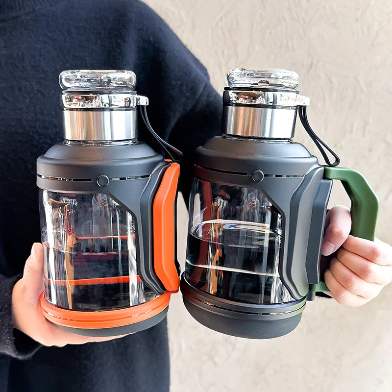 超大容量茶水分离杯便携户外运动带手柄背带水壶高硼硅玻璃水杯子