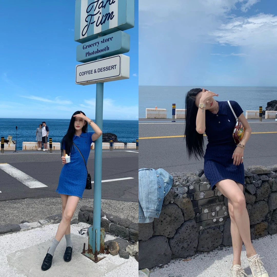 70不是七十【蓝色垦丁】早秋毛织麻花翻领短袖Polo短款连衣裙