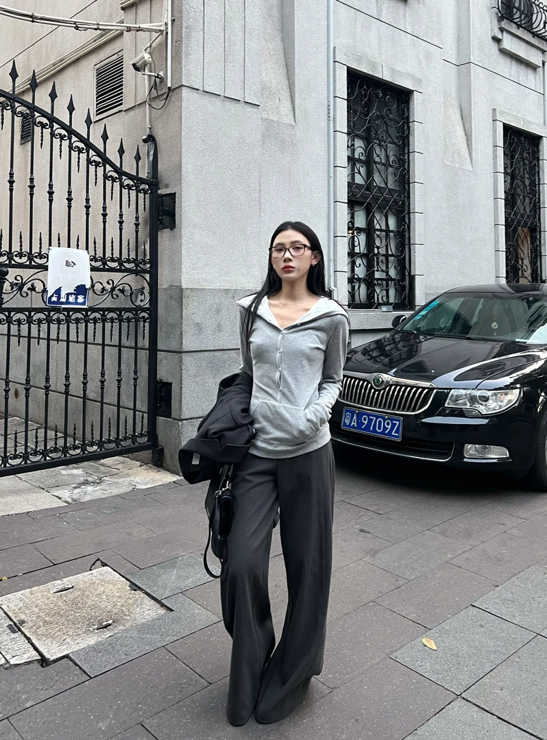 清清款/70不是七十【时髦腔调】秋冬显瘦经典灰色斜纹花色阔腿长裤